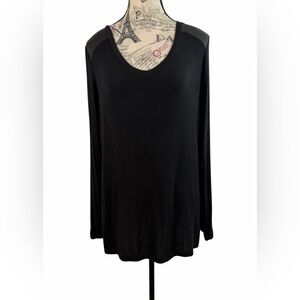Massimo Black Top with Faux Leather Shoulder Sheer Sleeves & Back Tunic Size M